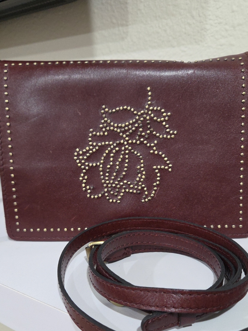 Patricia Nash Lanza Leather Crossbody Bag in Burgundy with Studded Detail